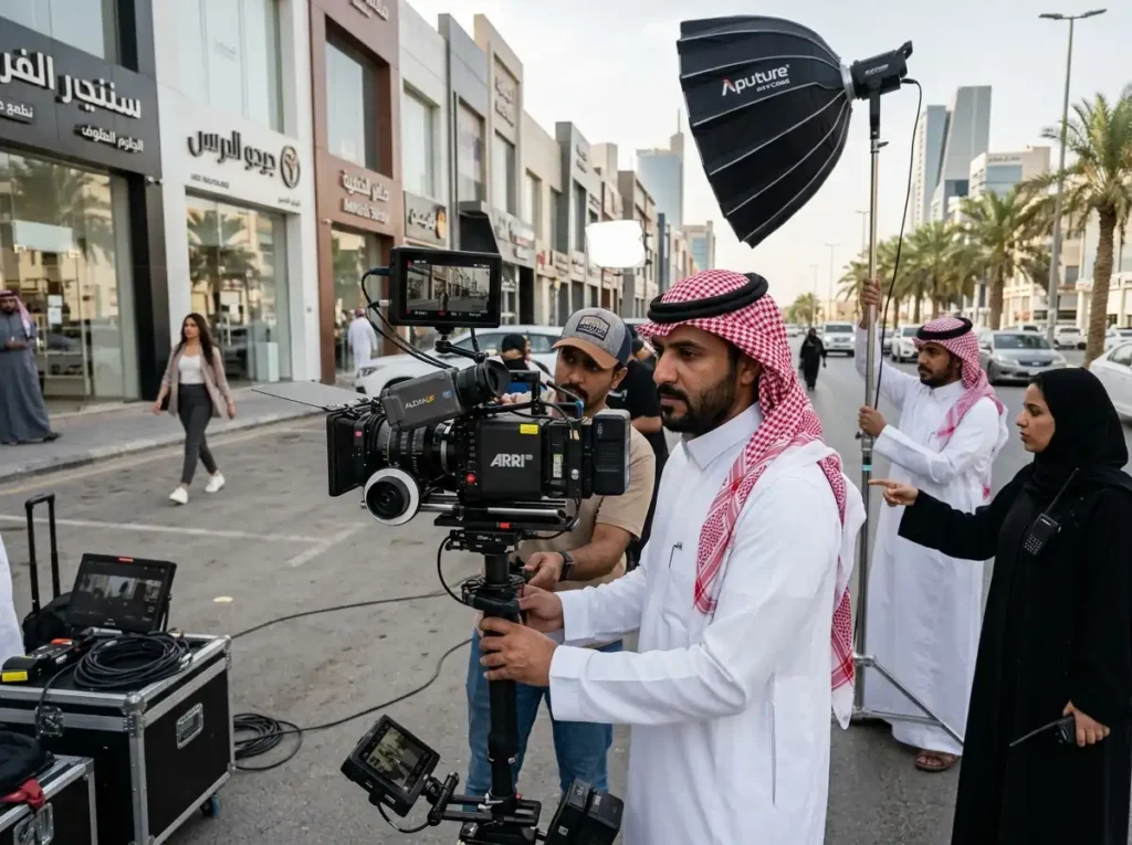تصوير سينمائي احترافي في السعودية لفريق إنتاج إعلامي cinematic-filmingأثناء تصوير إعلان